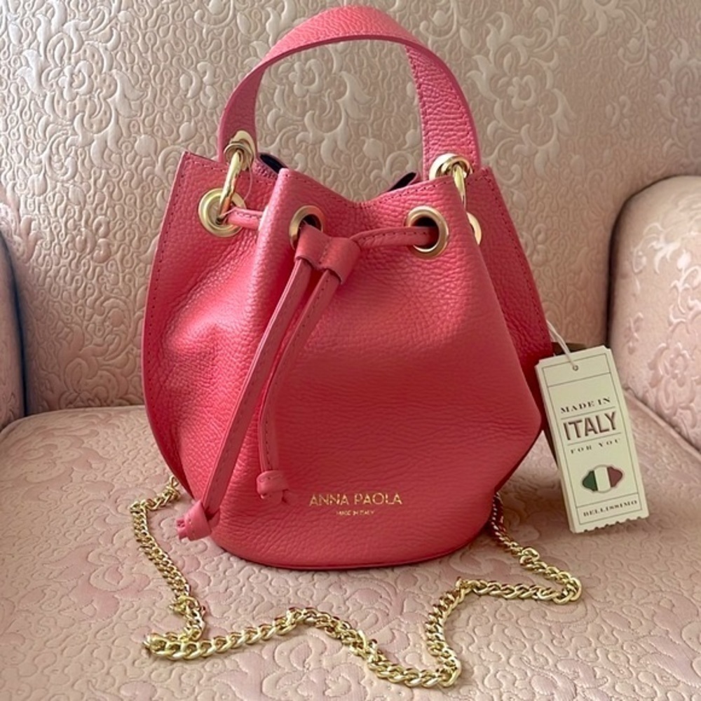 Brand New Anna Paola Luxury Italian Leather Bucket Bag Crossbody Barbie Pink